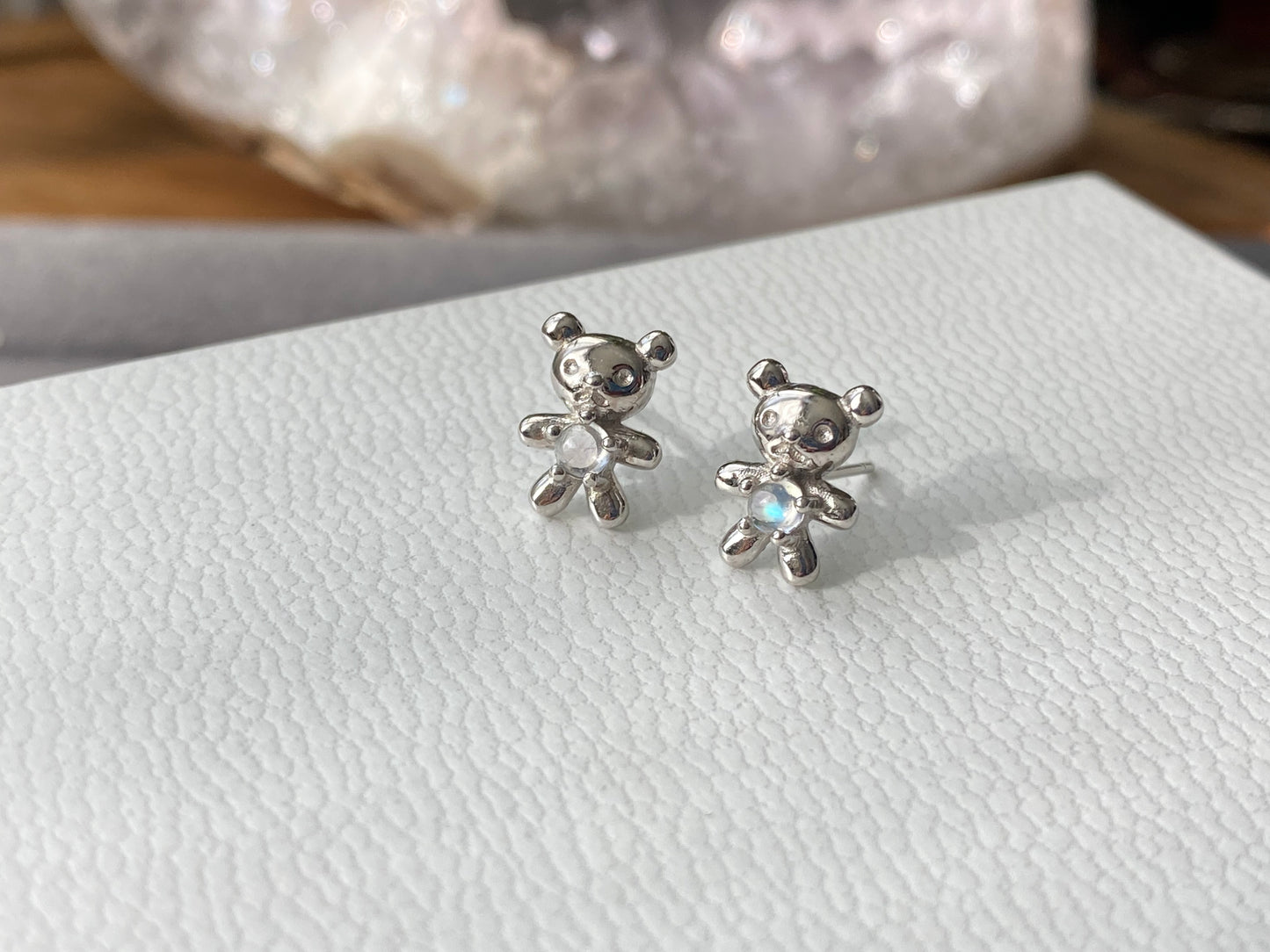 Natural Top Grade India Moonstone Blue Fire Sterling silver Bear earring stud