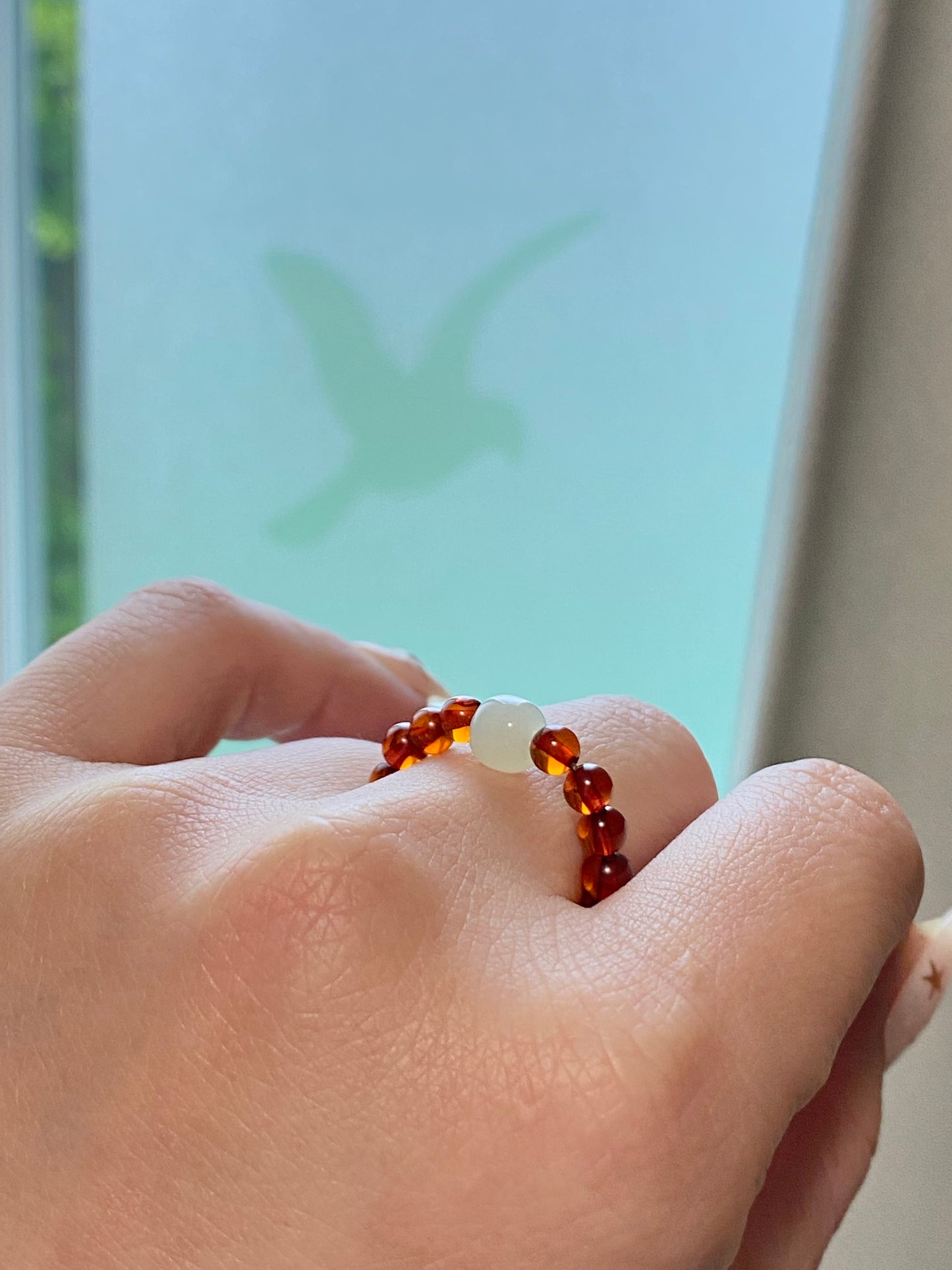 Natural Myanmar Blood amber with Hetian Jade bead elegant handmade ring,gift for her,gift for him