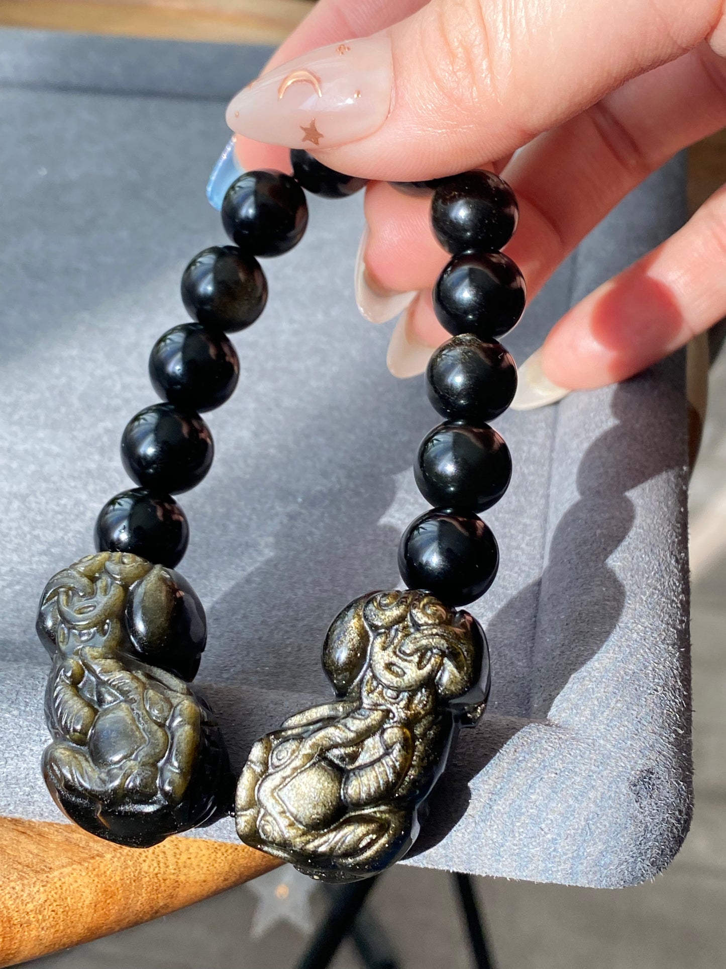 High Rare Grade Natural Golden Obsidian with Hand Craved Pixiu,Brave Troops Charm Bead bracelet, gift for him