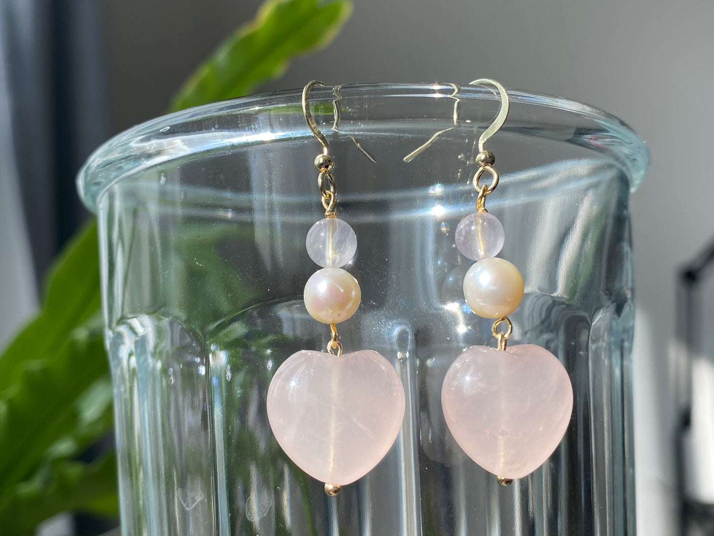 Natural AAA high quality Rose quartz cuty puffy heart shape drop dangle earring,Handmade Earring,Made in California