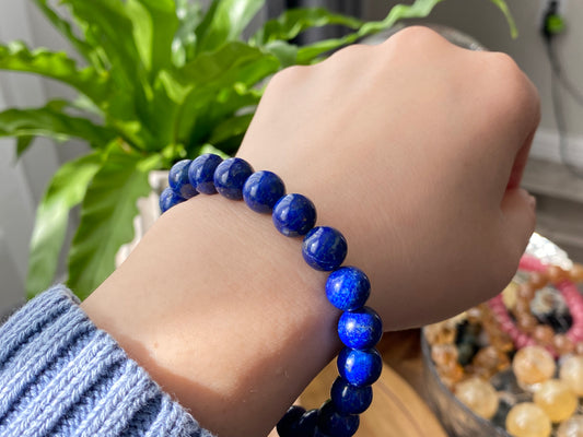 Natural High Grade less White More Blue Lapis Lazuli gemstone earless Anxiety Stress Relief Bracelet，Emotional Healing 5MM/9MM