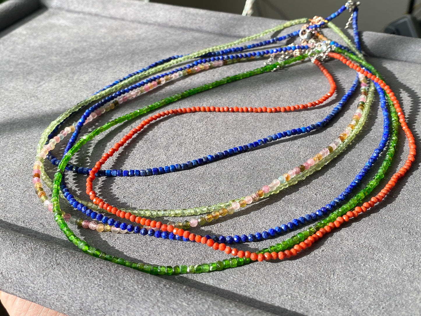 Natural Faceted Gemstone,Green Diopside,Tourmaline,Peridot,lapis lazuli,South Red Agate,Triple Wrap Bracelet,Long necklace