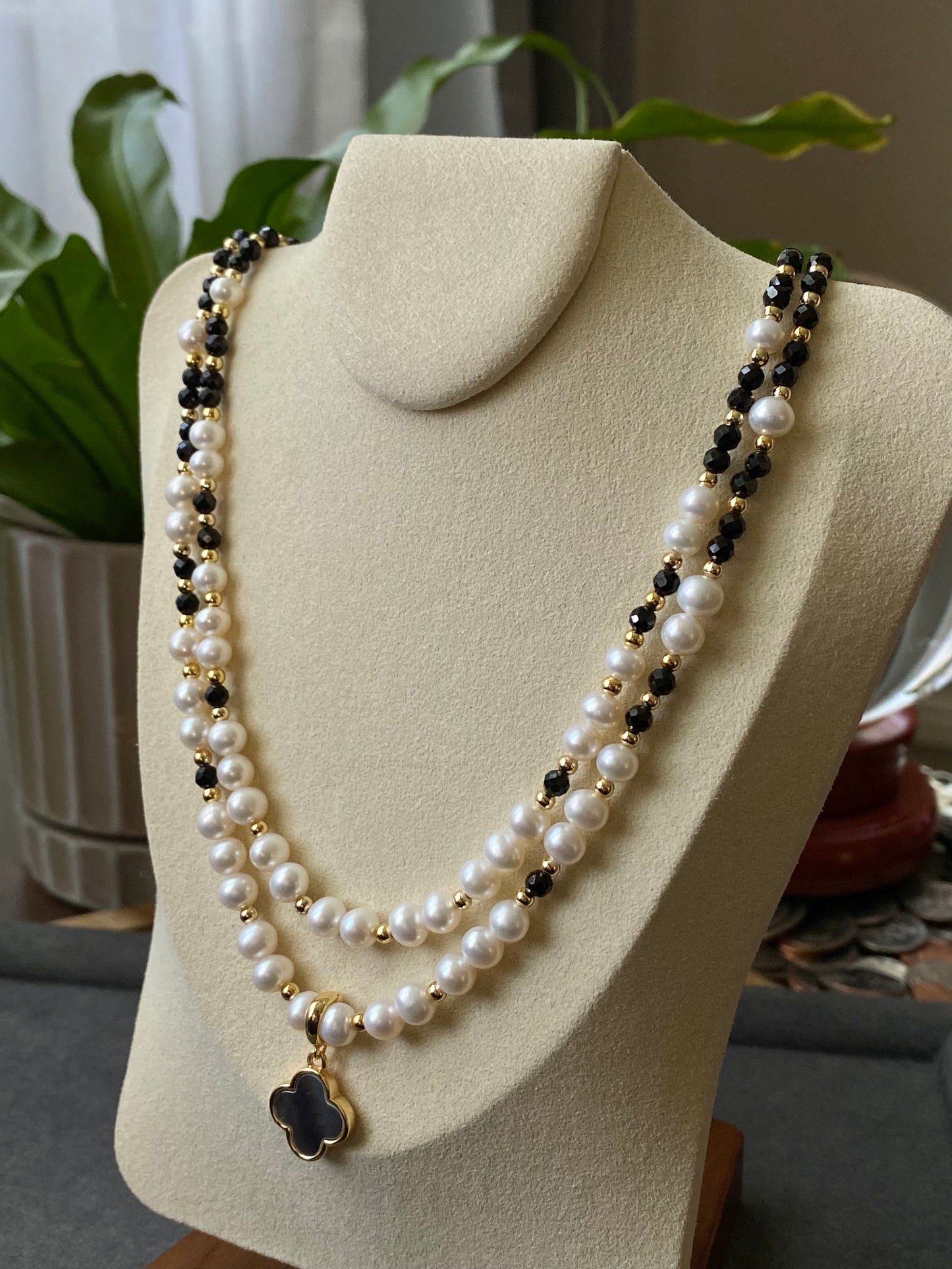 Natural Freshwater pearls with faceted Black Spinel 14K gold filled Handmade Necklace,gift for her, gift for him