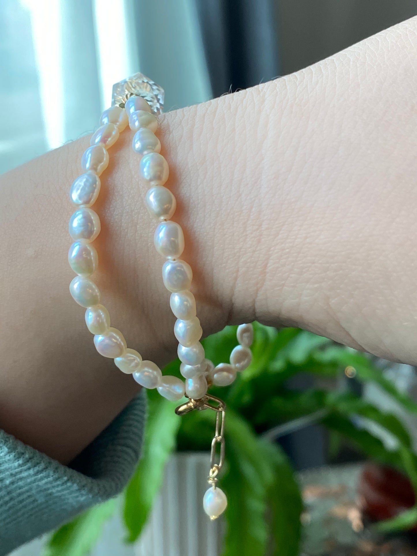 Natural freshwater super shinning irregular double Baroque Pearls with facted White crystal Beaded Bracelet, wedding bracelet,Anniversary Gift