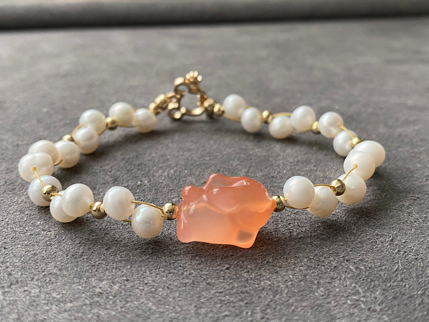 Natural Freshwater pearls with cuty bunny rabbit nanhong agate handmade Bracelet,gift for her