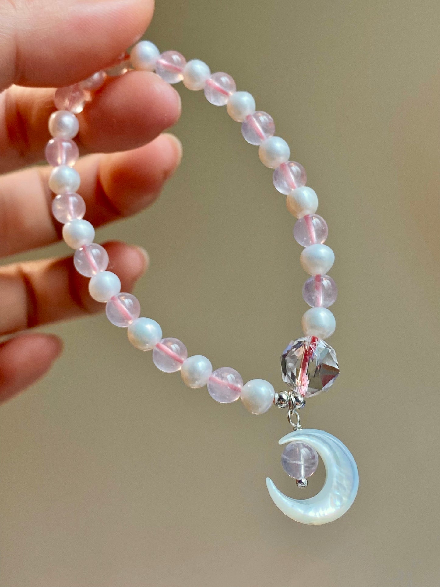 Love with Crescent Moon Rose Quartz freshwater pearls faceted clear quartz handmade bracelet, gift for her,Valentine gift