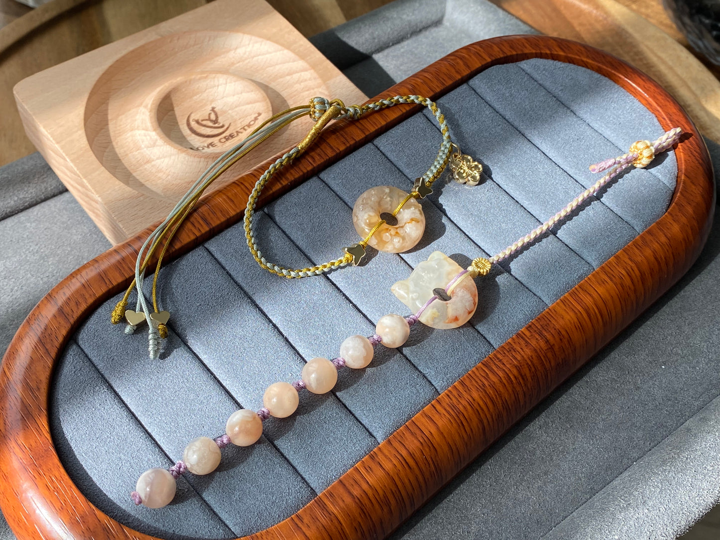 Natural Sakura Agate,cherry blossom agate hand carved hello kitty,star Donut ring braided rope Bracelet，Handmade Bracelet