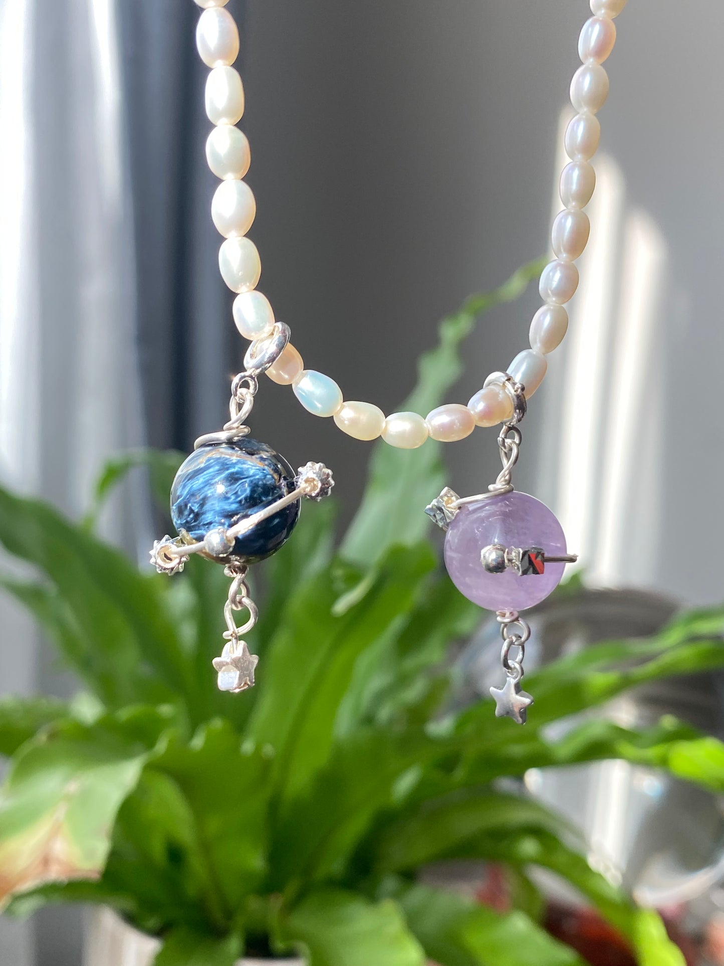 Natural High Grade Blue Pietersite flash lacy shinning Star 14K white gold wire Space planet Removable Earring Pendant