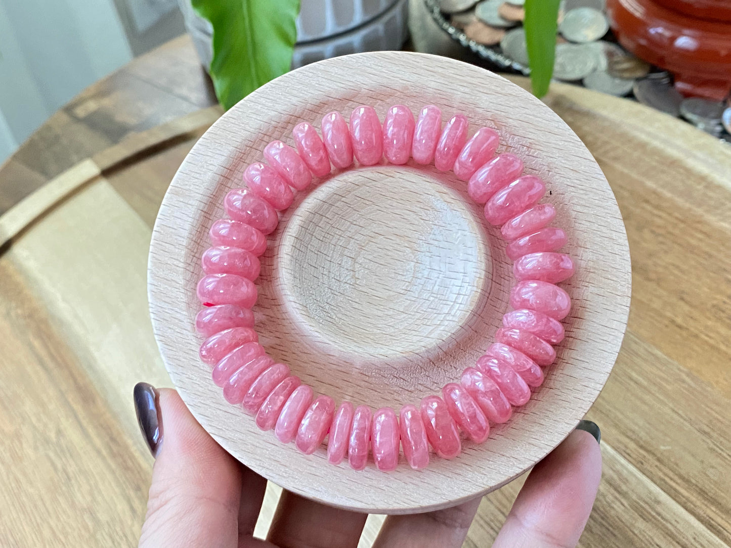 AAAAAA Natural Ice Rhodochrosite Flash Rainbow inside lovely Pinky Rose Saucer Bead Bracelet