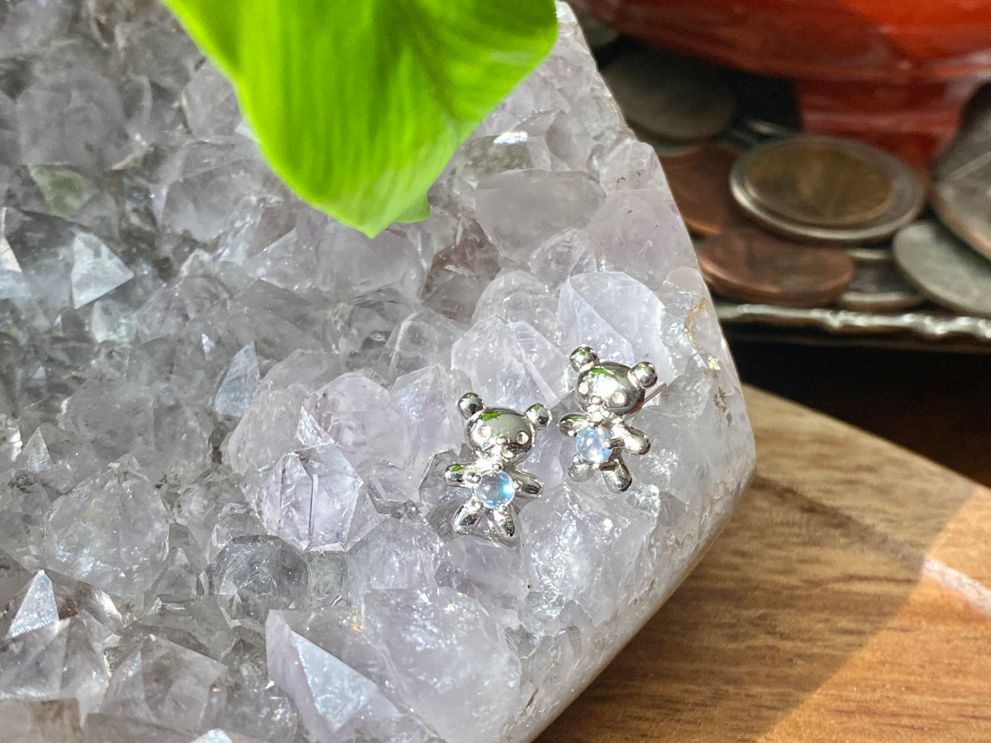 Natural Top Grade India Moonstone Blue Fire Sterling silver Bear earring stud