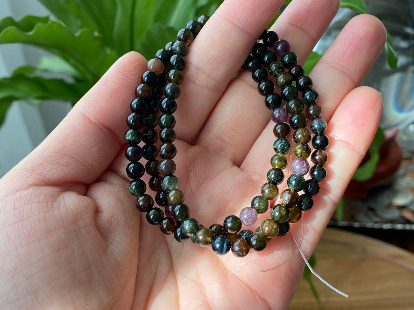 AAAA Grade Gradient Black rose Tourmaline smooth round beaded necklace include Blue 5mm+