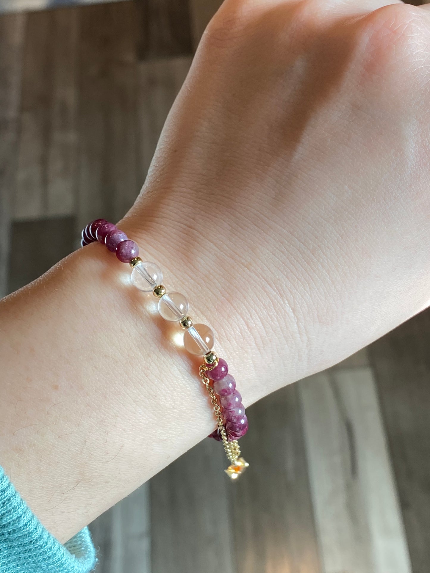 Natural Ruby Red Tourmaline Pink Tourmaline 5mm with white crystal Beaded Bracelet