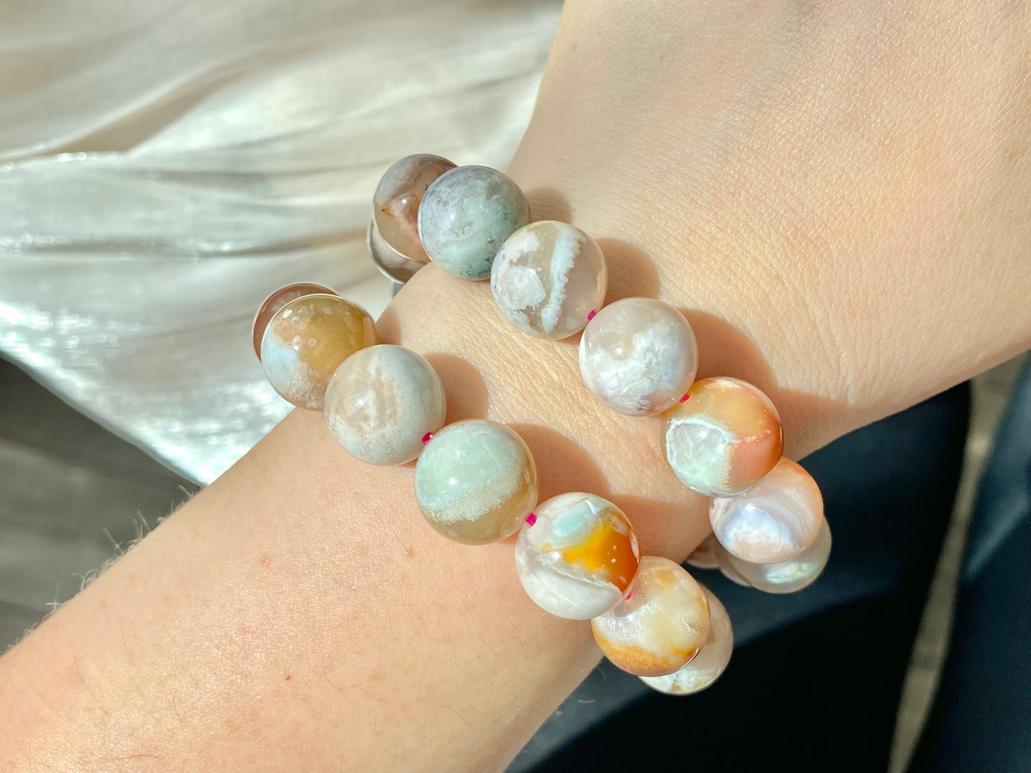 Natural cherry blossom Sakura agate smooth round flower agate grade AAA bead bracelet