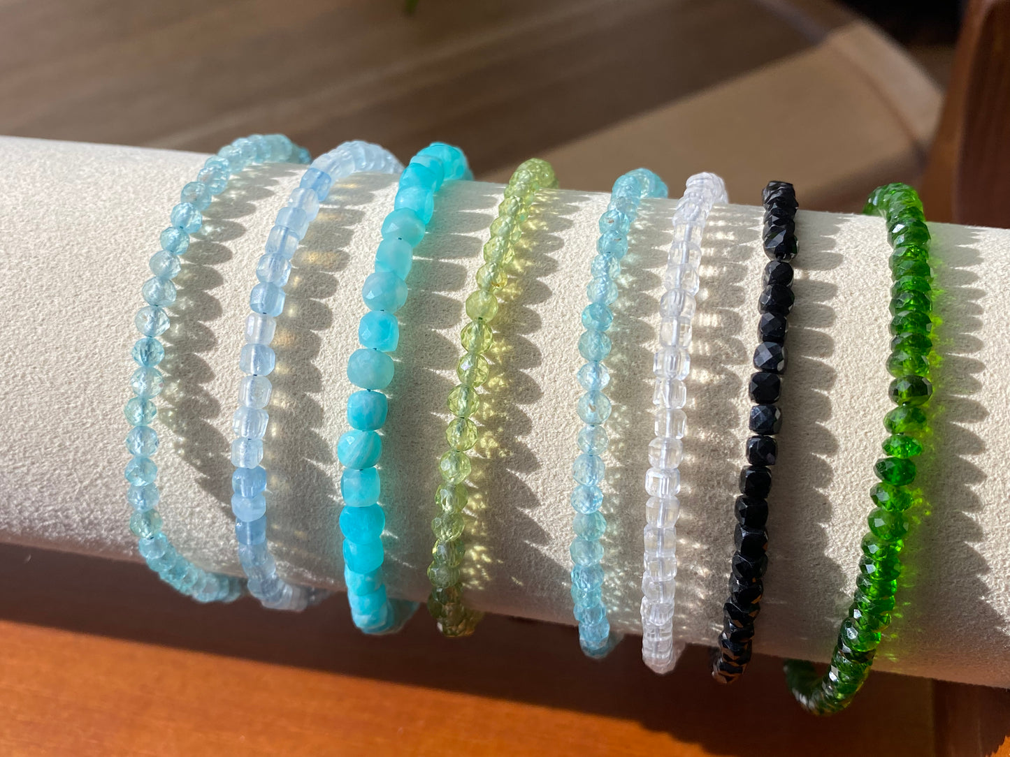 $20 FOR 2 Natural Gemstone Faceted, Blue Apatite,Aquamarine,prehnite,white crystal, Black spinel, Diopside Bracelet, Bridesmaid Gifts