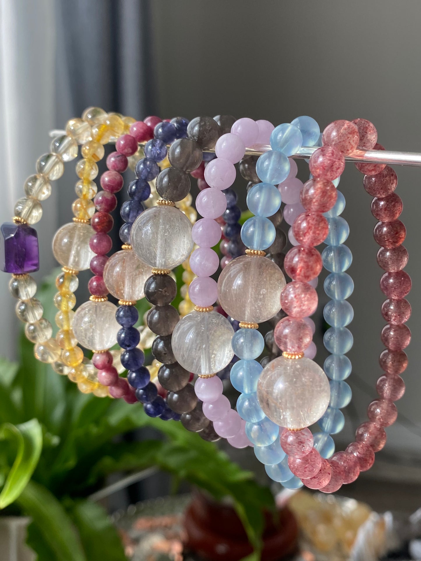 “Love Surround”Natural Tourmaline,Cordierite,Iolite,Aquamarine,Strawberry quartz,Citrine,Rutilated Quartz,Kunzite Couples Bracelet,Valentine's Day Gift