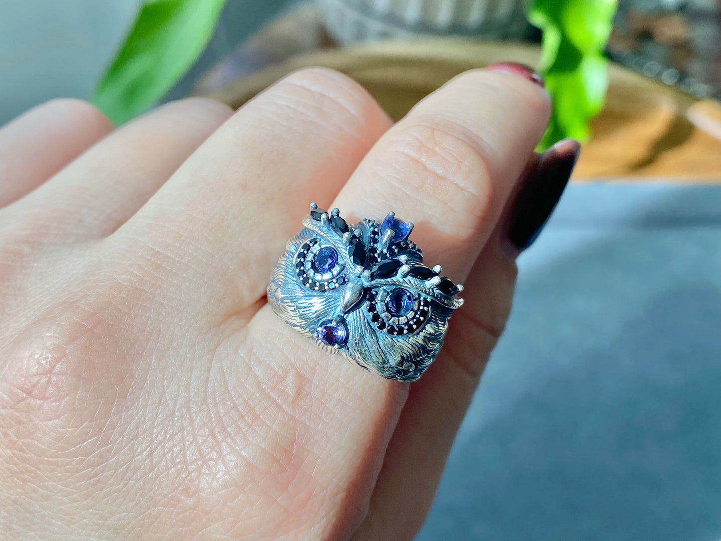 Hand made Natural Tanzanite and Black Spinel Sterling silver Owl big Ring adjustable size