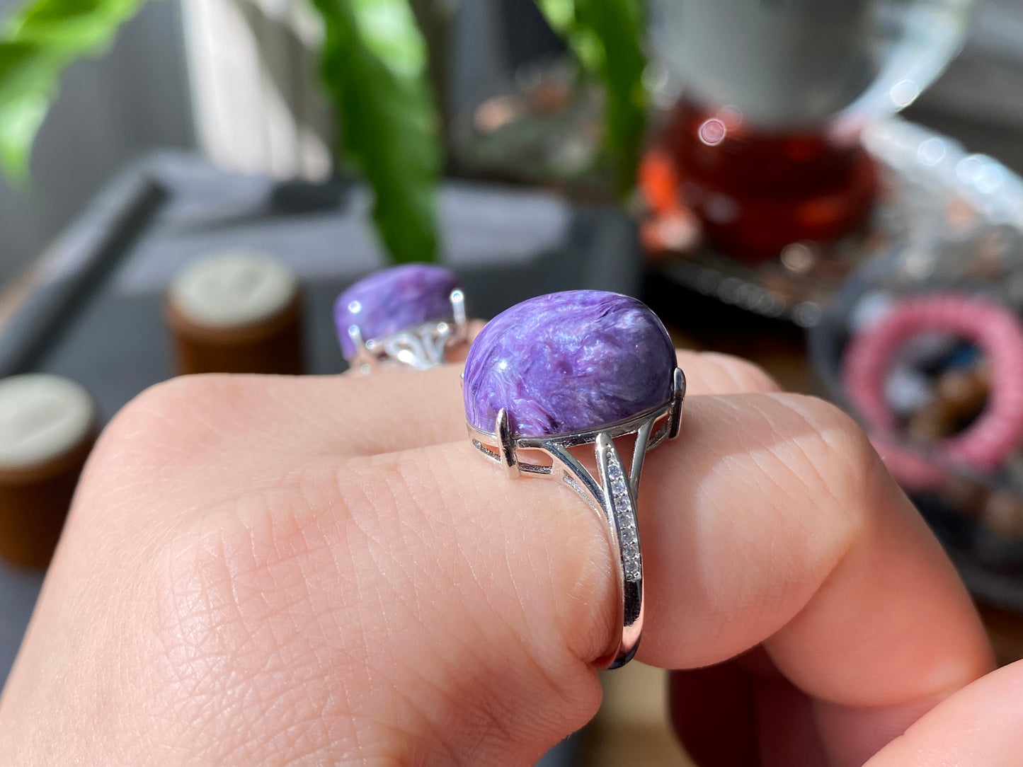 AAAAA Genuine Natural High Grade Silk Shin Purple Charoite,Cat Eyes Oval Shape sterling silver Adjustable Ring