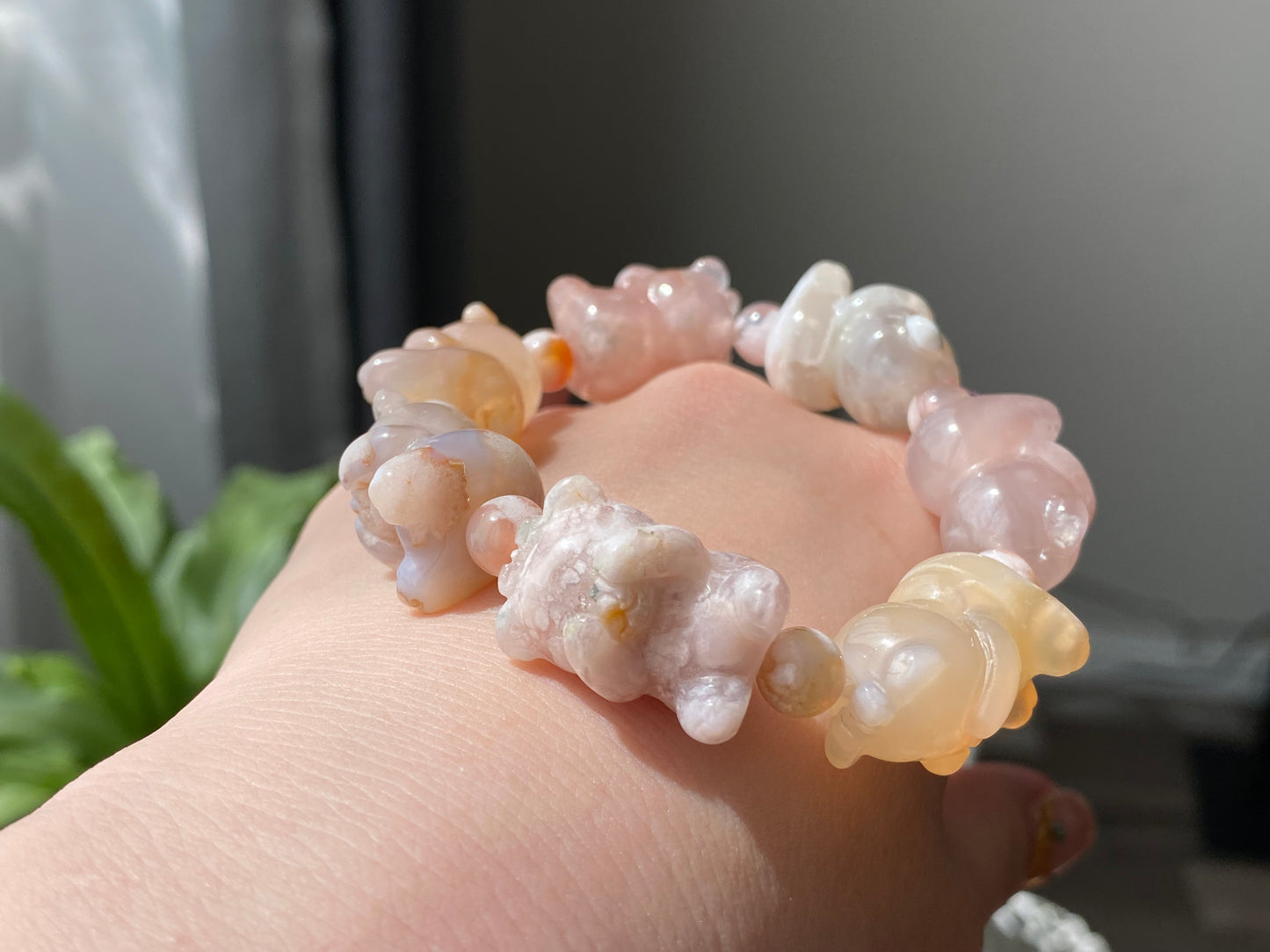 Natural Sakura Agate,flower agate hand carved couple shy bear beads bracelet,gift for her