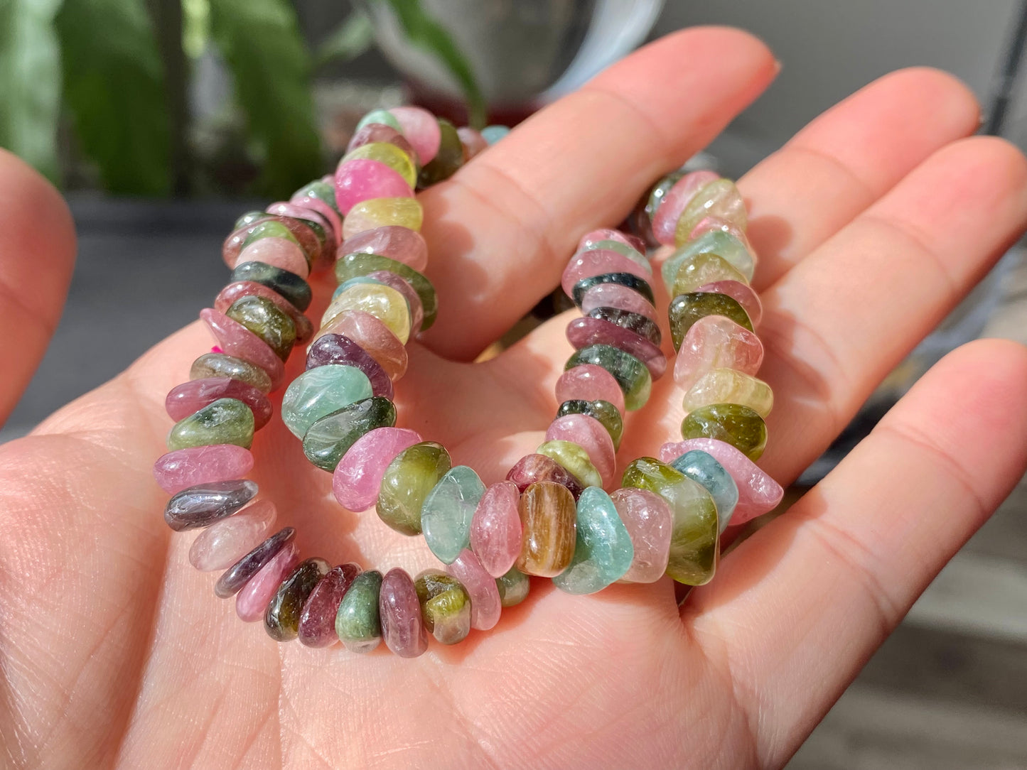 Natural watermelon Multi-color Raw puffy Tourmaline rock Gemstone  Bead Bracelet ,gift for her