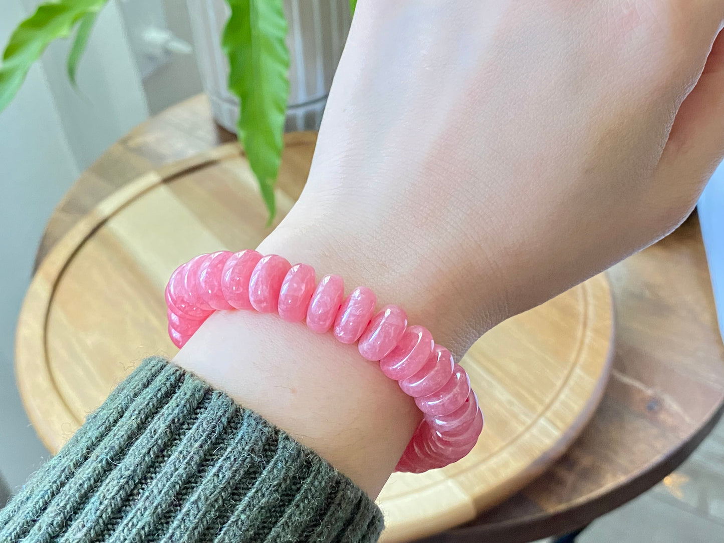 AAAAAA Natural Ice Rhodochrosite Flash Rainbow inside lovely Pinky Rose Saucer Bead Bracelet