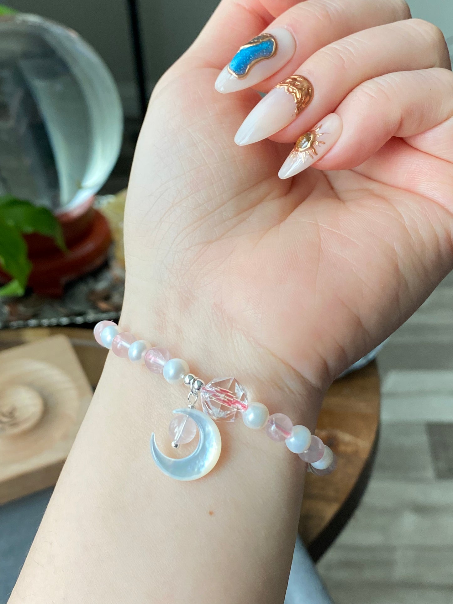 Love with Crescent Moon Rose Quartz freshwater pearls faceted clear quartz handmade bracelet, gift for her,Valentine gift