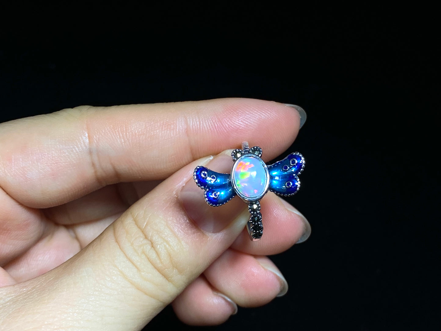 Natural Opal blue green red fire Sterling silver ring bow,feather, dragonfly，Gift for her