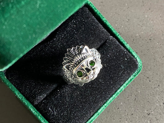 Natural Green Emerald Sterling Silver American Indian Lion Head Adjustable Ring,gift for her, gift for him