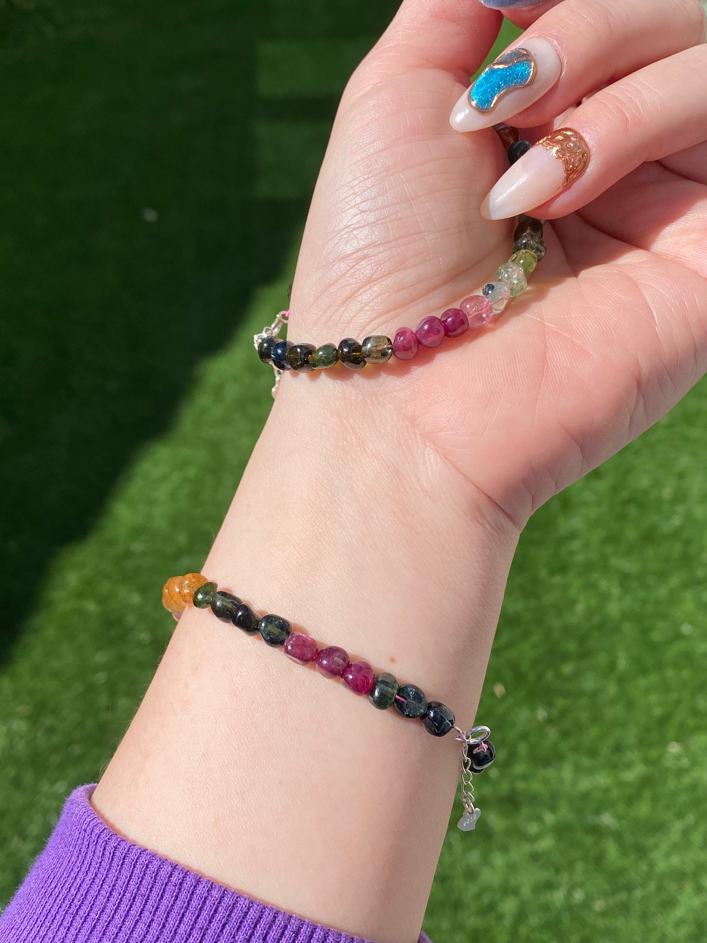 Rare Find High Grade  color standard irregular nuggets watermelon Rainbow Tourmaline Bead Bracelet 6mm,sterling silver,gift for herm