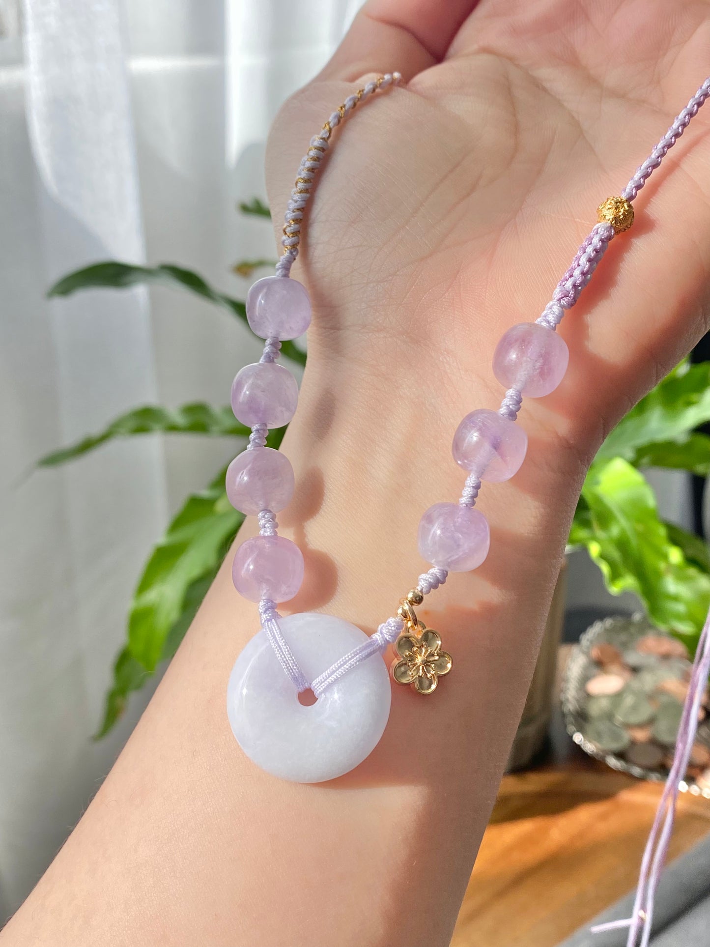 Natural Hetian Jade Donut Ring Shaple,Purple Tone with Purplevine Amethyst short barrel,Peach Flower Dangle Drop  Adjustable Necklace