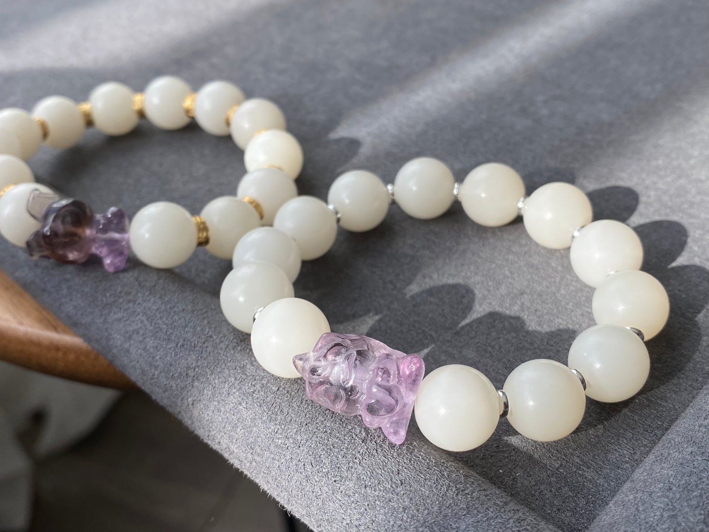 Natural white Bodhi root polished FLuorite Unicorn Melody  bracelet,prayer mala Yoga Meditation Balancing 12mm