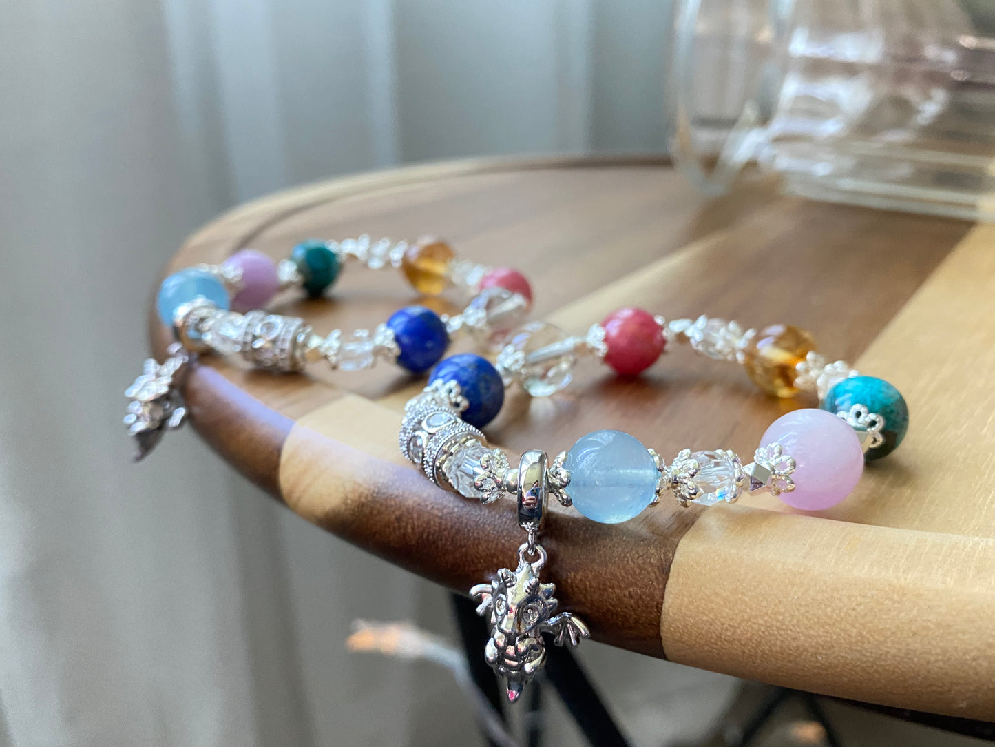 sunstone，rose quartz，Blonde crystal，Turquoise ，Amethyst，Rhodonite，Black Rutilated ，Lapis Lazuli，aquamarine all in one bracelet