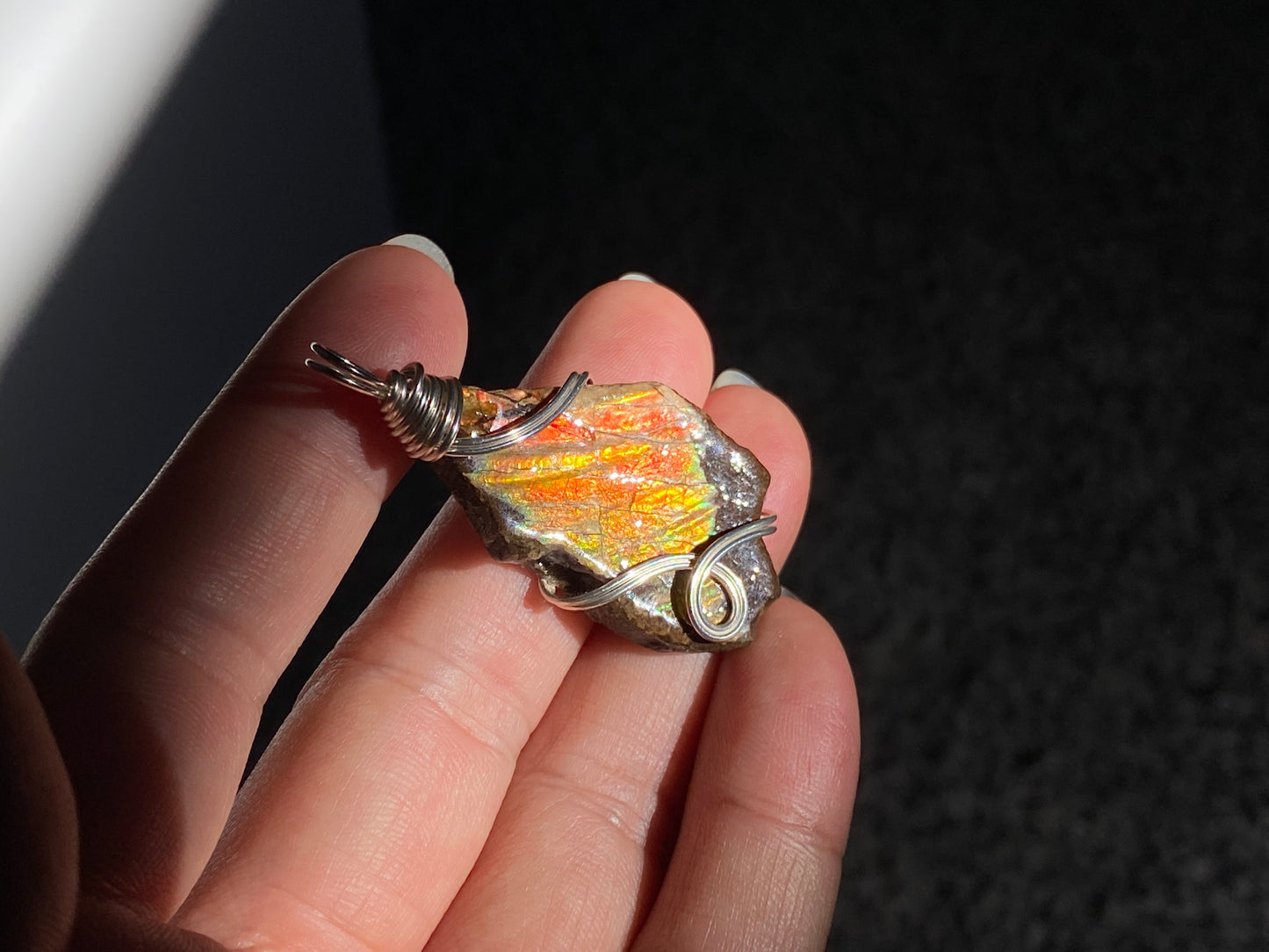 Natural raw Canadian Ammonite Freeform gemstone Pendant with 14k white gold wire