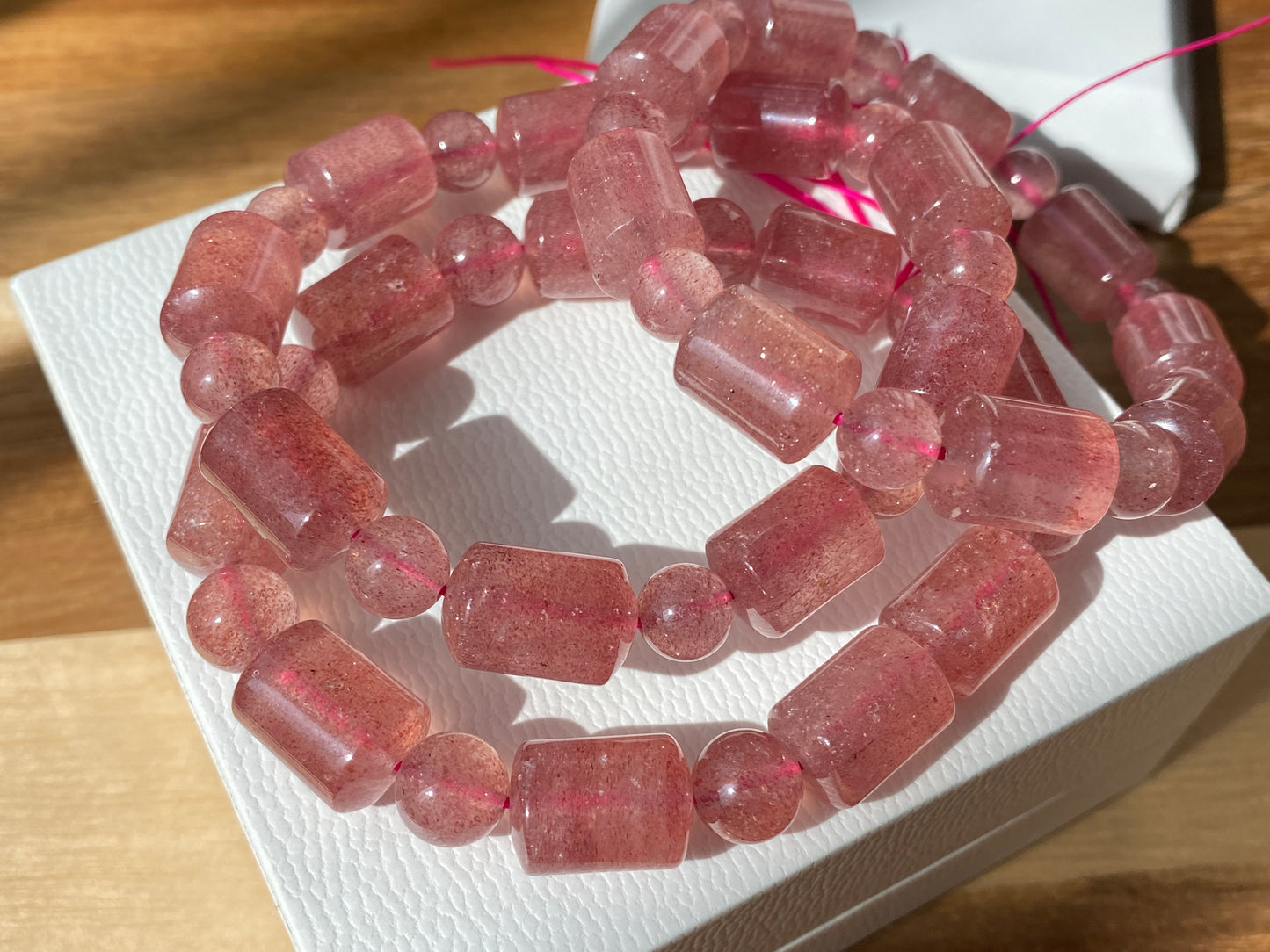 AAAA Grade Rainbow Fire Natural Strawberry quartz  Barrel Round Bead bracelet Joy,healing crystal