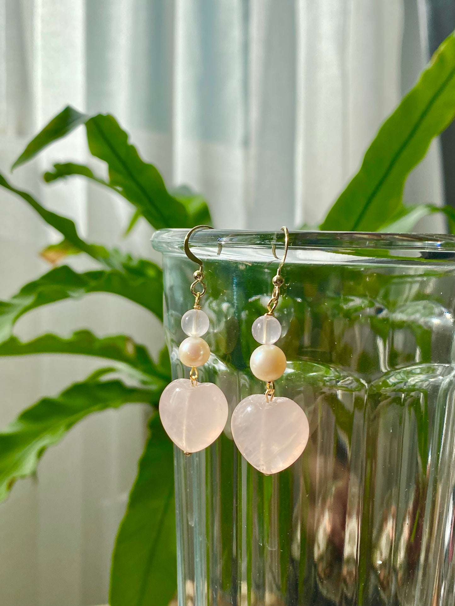 Natural AAA high quality Rose quartz cuty puffy heart shape drop dangle earring,Handmade Earring,Made in California