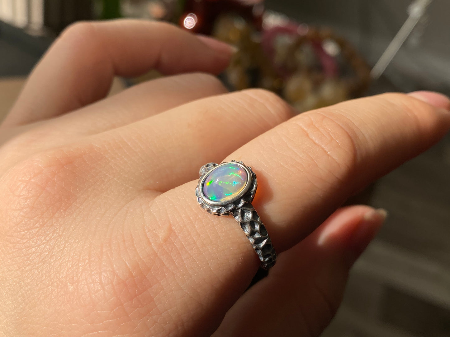 Natural Grade Rainbow Fire Opal Hand Carved Sterling Silver Mid-Century  Adjustable Ring,gift for her,gift for him