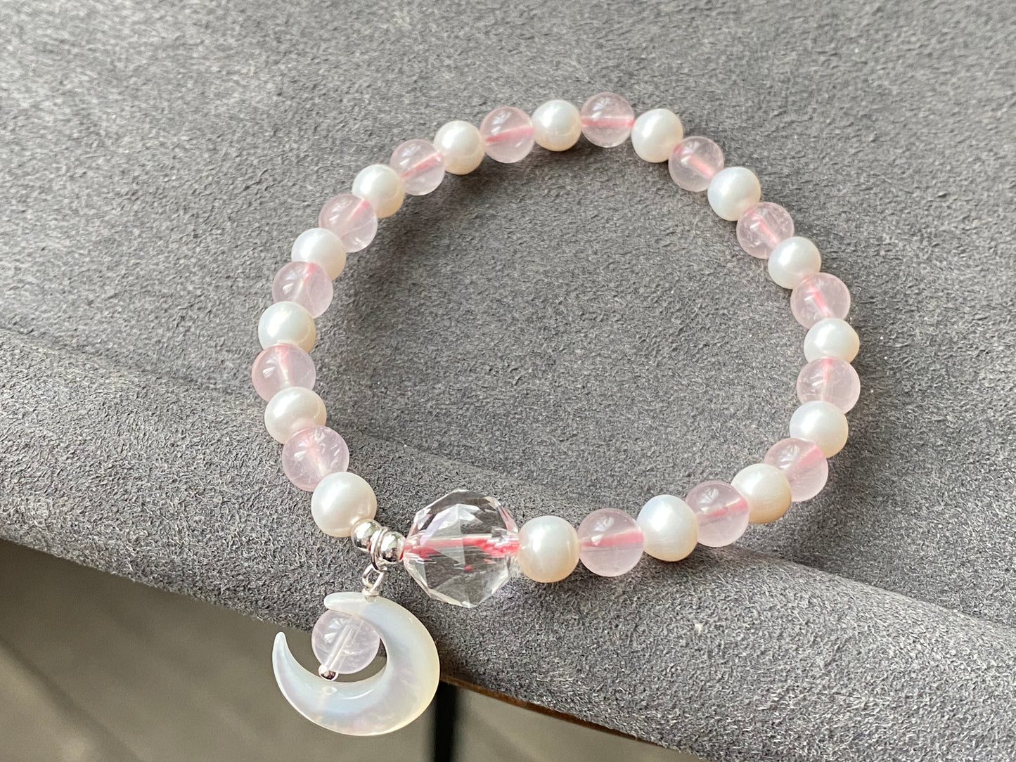 Love with Crescent Moon Rose Quartz freshwater pearls faceted clear quartz handmade bracelet, gift for her,Valentine gift