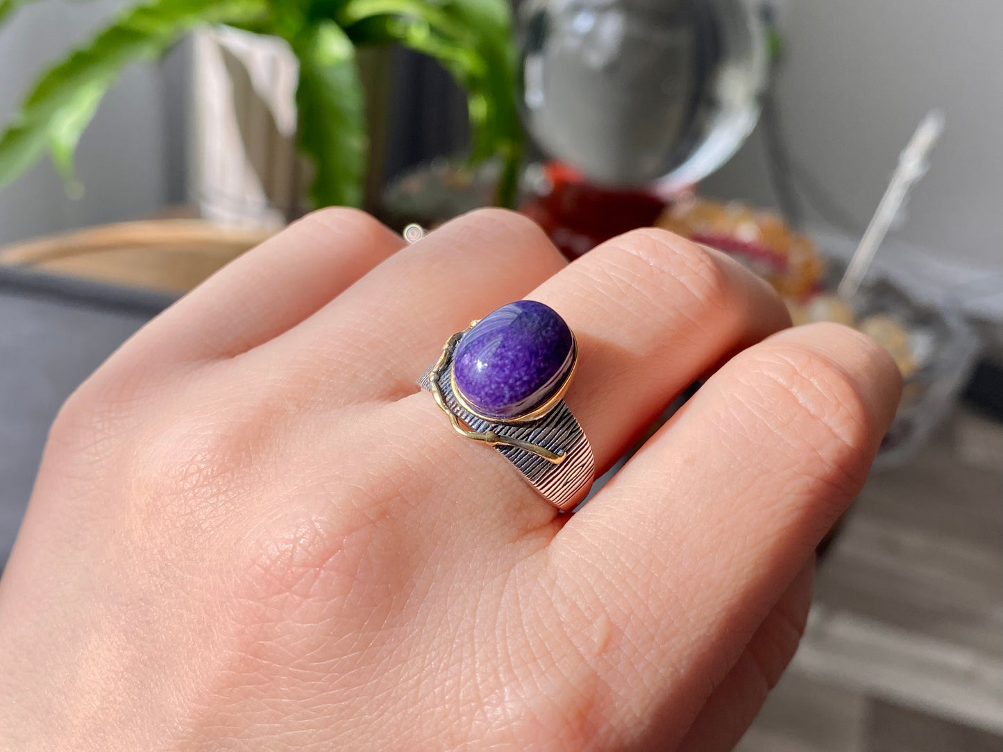 Natural High Grade Purple Pink Sugilite Mid Century Modern Vintage Sterling silver 14K Gold Adjustable Ring