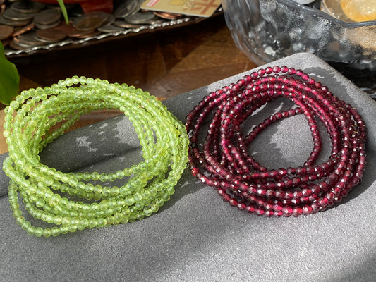 3mm+ Natural Faceted diamond Cut Gemstone,Prehnite,Garnet,super shinning Fire illuminate,Triple Wrap Bracelet,Long necklace