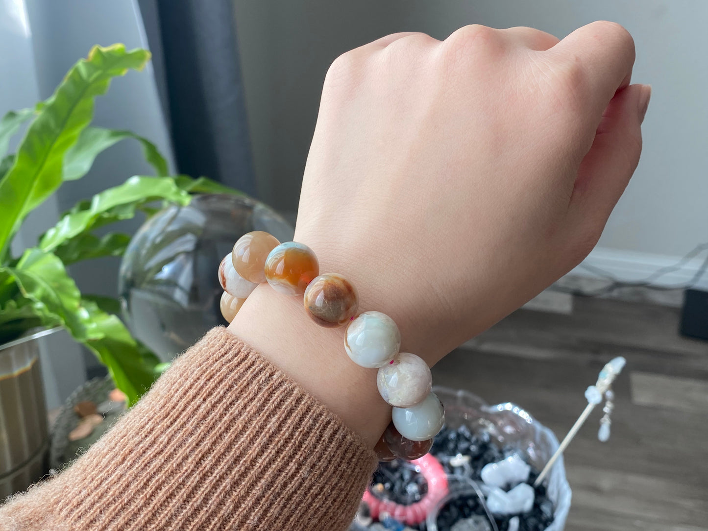 Natural cherry blossom Sakura agate smooth round flower agate grade AAA bead bracelet