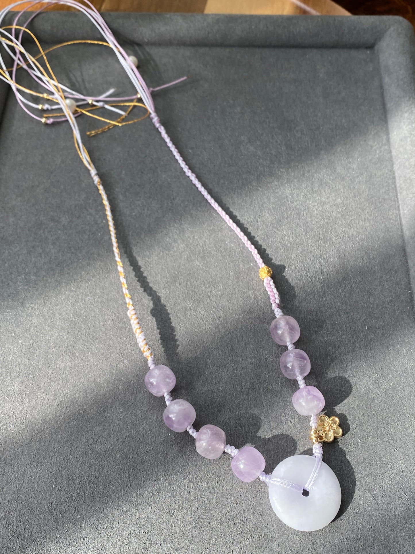 Natural Hetian Jade Donut Ring Shaple,Purple Tone with Purplevine Amethyst short barrel,Peach Flower Dangle Drop  Adjustable Necklace