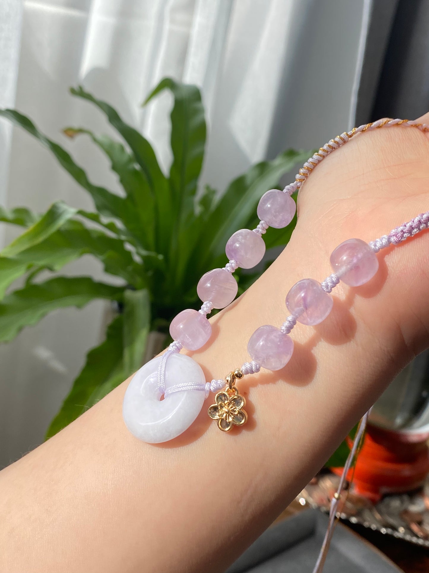 Natural Hetian Jade Donut Ring Shaple,Purple Tone with Purplevine Amethyst short barrel,Peach Flower Dangle Drop  Adjustable Necklace