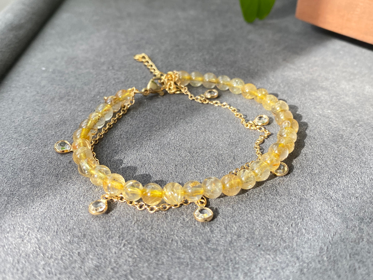 wealthy and Protect Natural Gold Titanium crystal,Golden Rutilated Quartz, 14K gold filled zircon crystal double wrap Bracelet, Valentine's gift