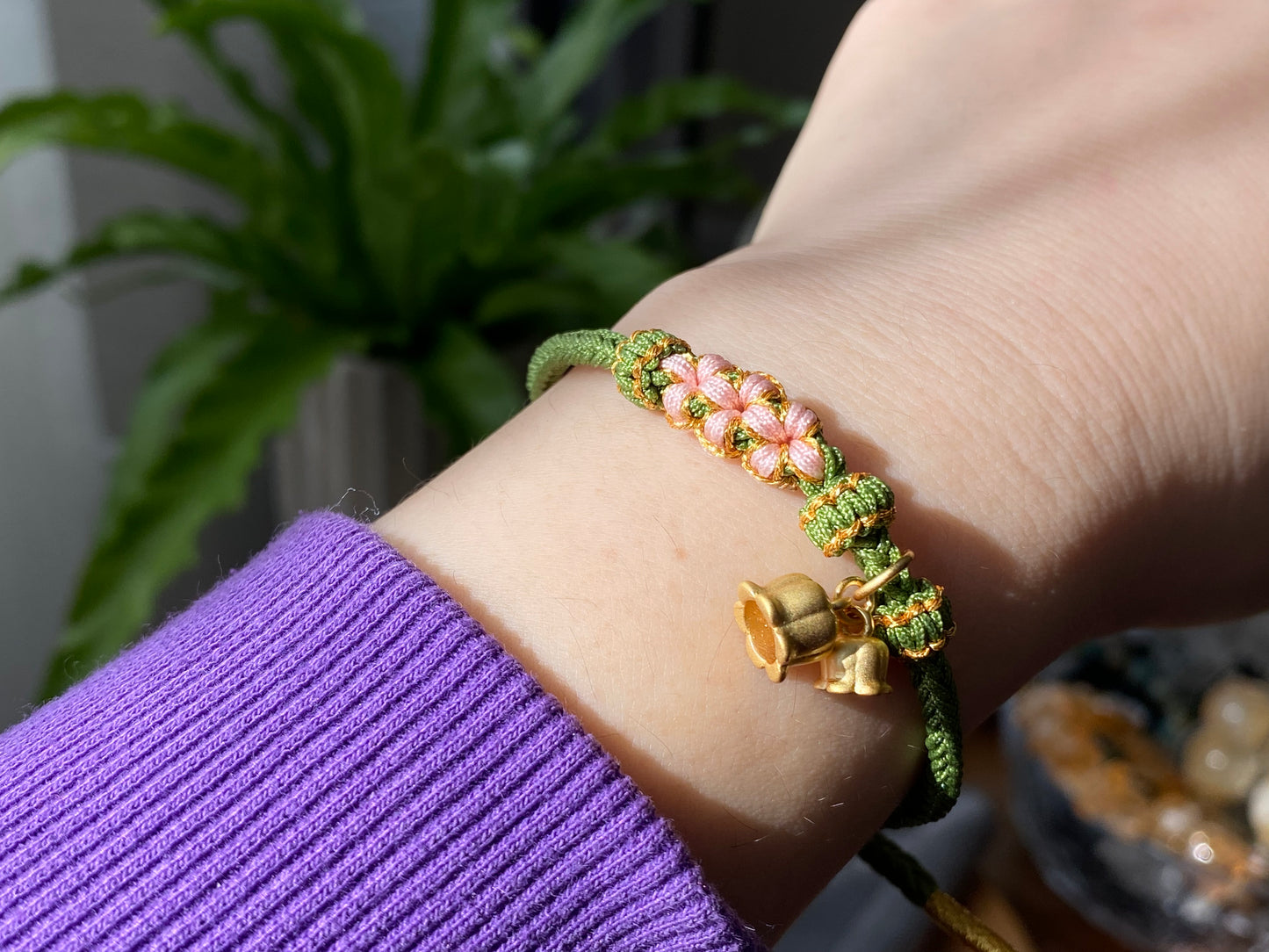 Handmade Alluvial gold Peach Flower Adjustable Braiding bracelet Best wish Bracelet “Being lucky in love”