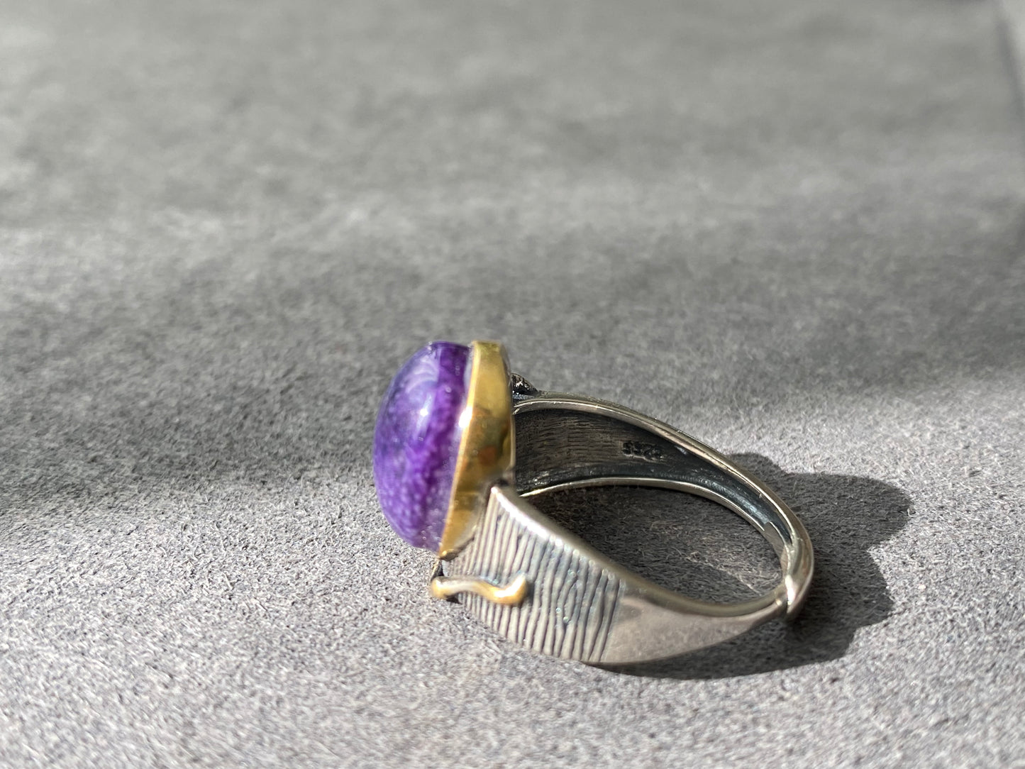 Natural High Grade Purple Pink Sugilite Mid Century Modern Vintage Sterling silver 14K Gold Adjustable Ring