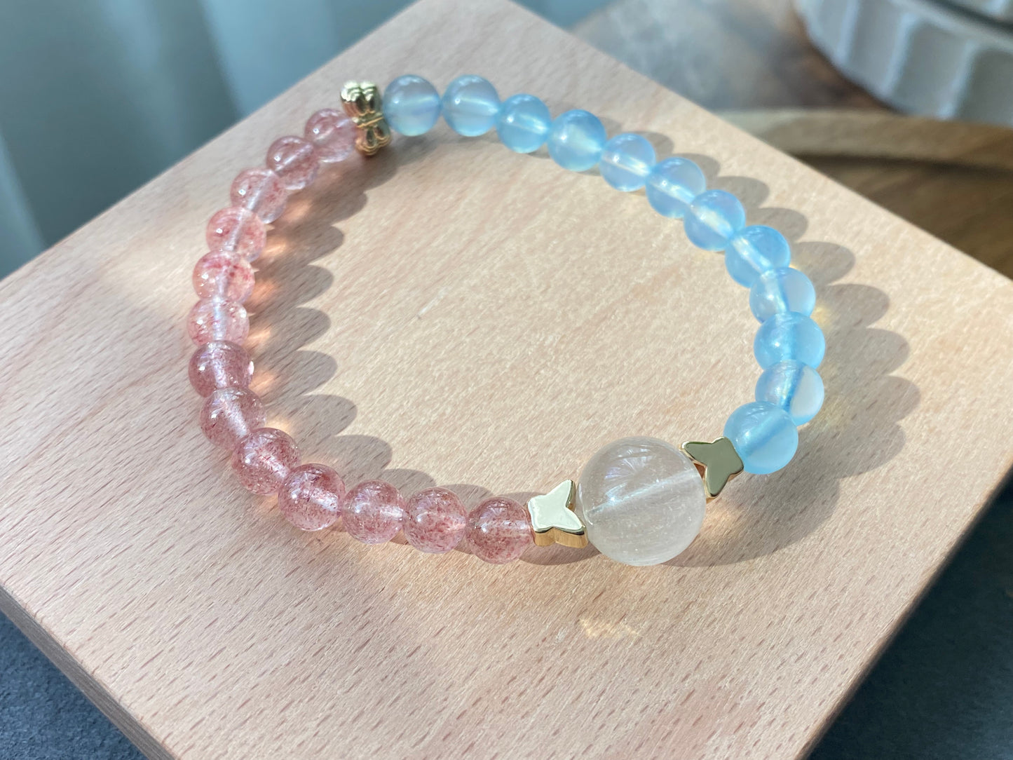 Natural High Grade Strawberry Quartz, Aquamarine,Rabbit hair Rutilated Quartz color block Two tone Butterfly Bracelet 6-7MM