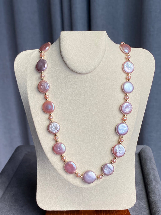 Natural freshwater pearls,baroque metal purple pink cookie shape round button  multiple use Necklace,handmade necklace