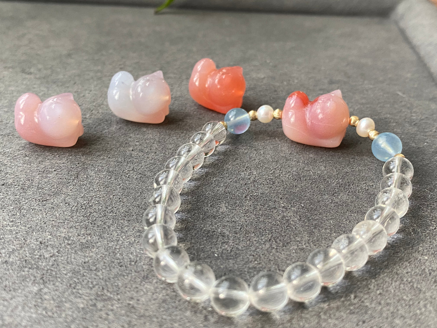 Natural Yanyuan Agate Cute Cat,white Crystal,Aquamarine,fresh Water Pearl Bracelet, gift for her, Valentine's Day Gift