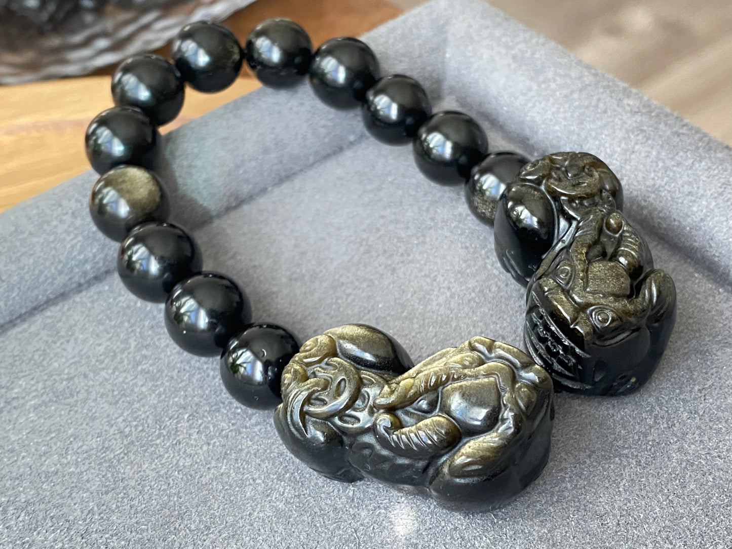 High Rare Grade Natural Golden Obsidian with Hand Craved Pixiu,Brave Troops Charm Bead bracelet, gift for him