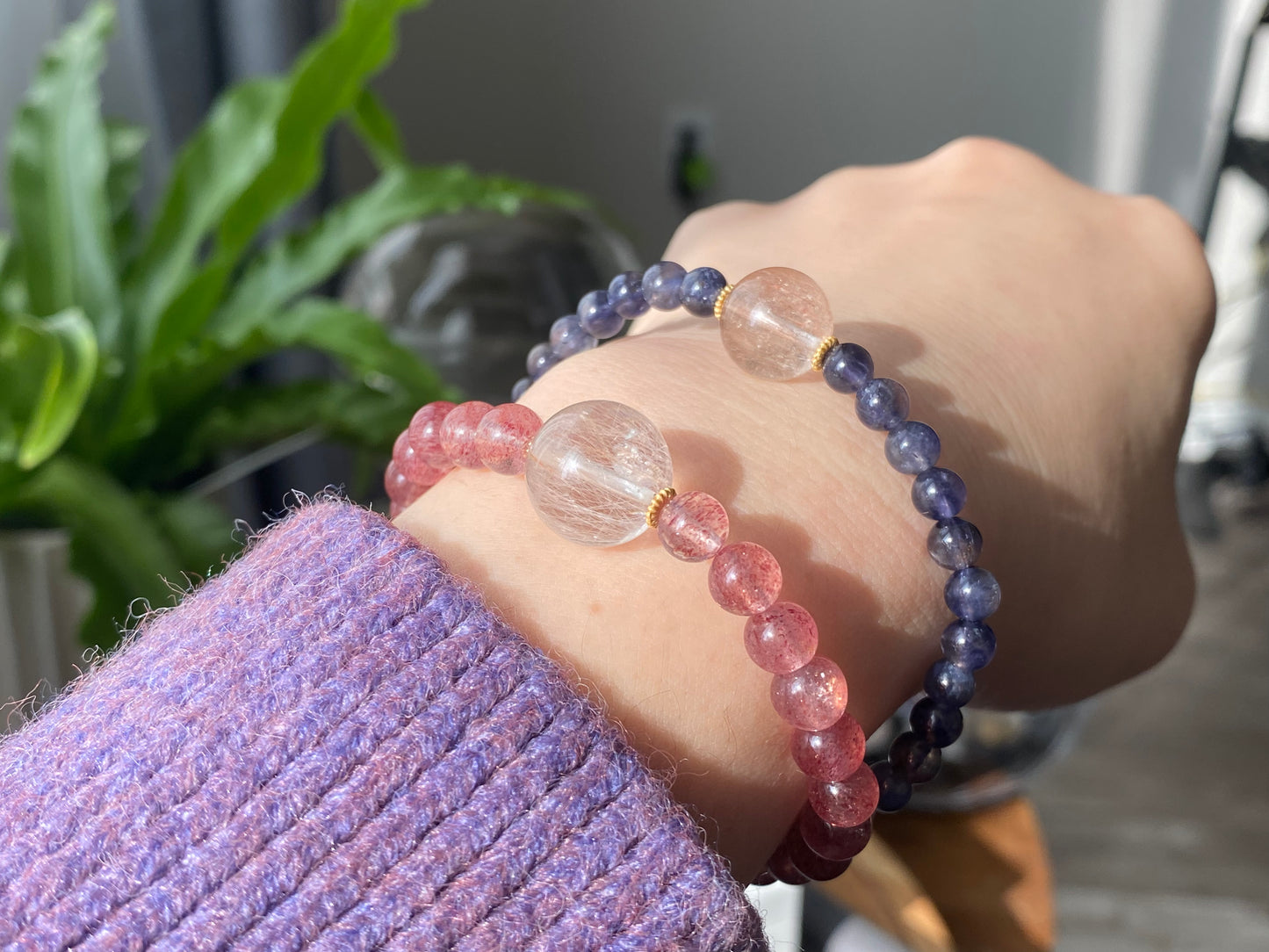 “Love Surround”Natural Tourmaline,Cordierite,Iolite,Aquamarine,Strawberry quartz,Citrine,Rutilated Quartz,Kunzite Couples Bracelet,Valentine's Day Gift