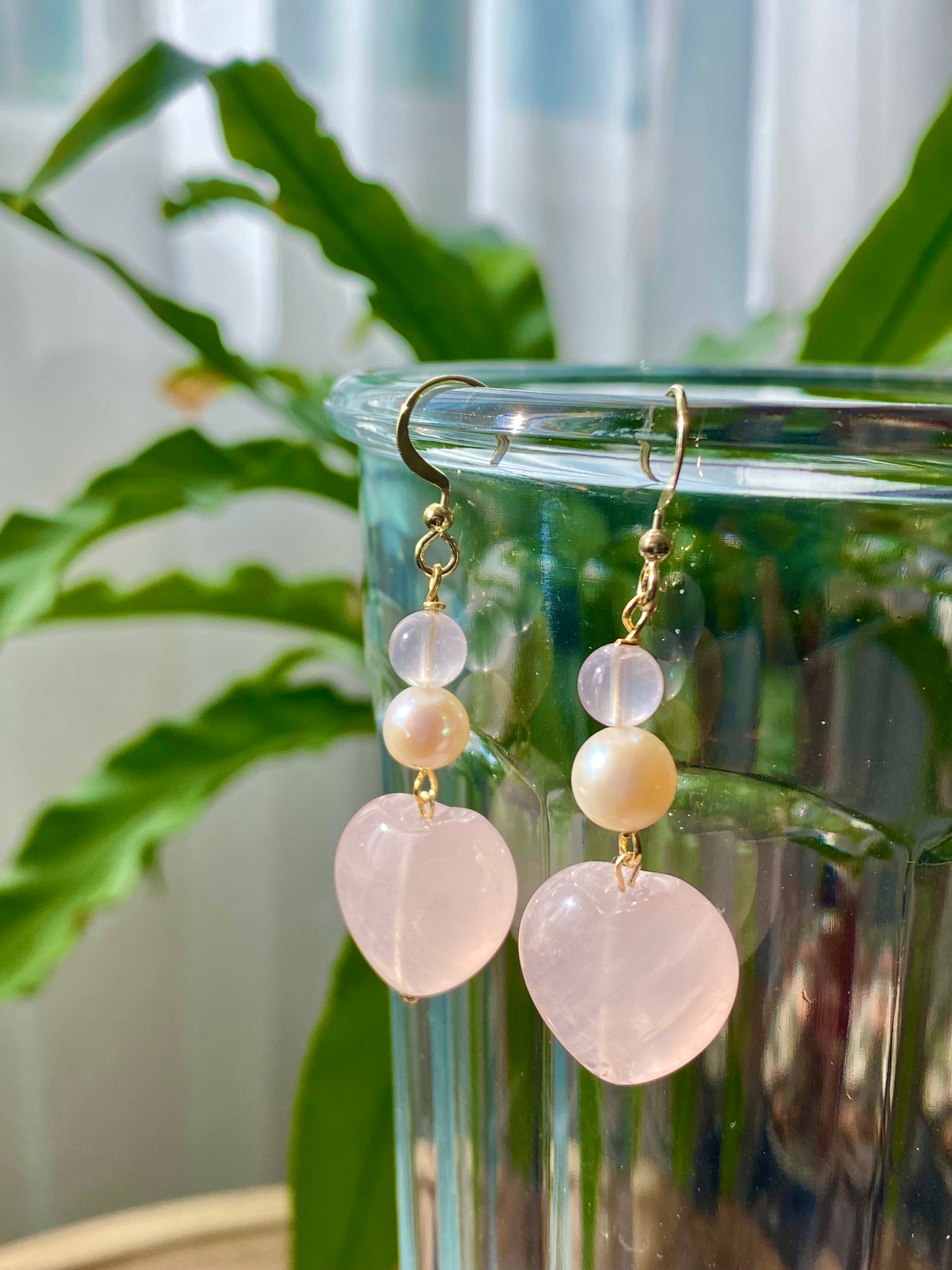 Natural AAA high quality Rose quartz cuty puffy heart shape drop dangle earring,Handmade Earring,Made in California